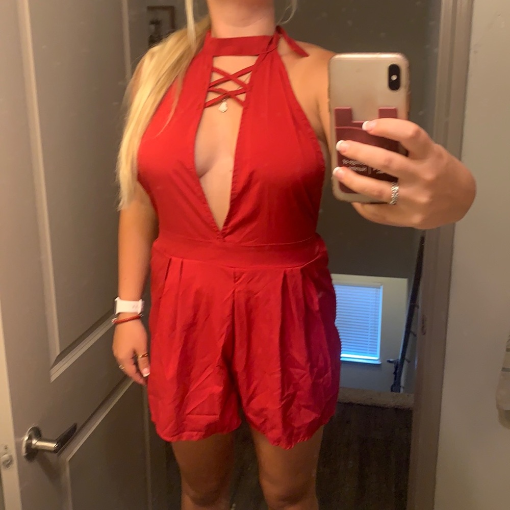 red high neck backless romper with front cut out